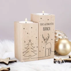 2er Set Teelichthalter aus Holz mit Wunschtext und weihnachtlichem Lineart Motiv bedruckt