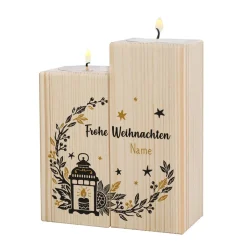 2er Set Teelichthalter aus Holz - Frohe Weihnachten - mit Name