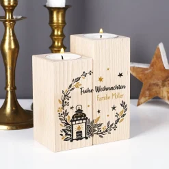 2er Set Teelichthalter aus Holz - Frohe Weihnachten - mit Name