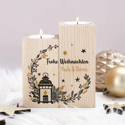 2er Set Teelichthalter aus Holz - Frohe Weihnachten - mit Name