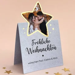 4er Set Weihnachtskarten mit Foto in goldenem Stern