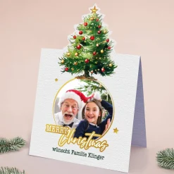 4er Set Weihnachtskarten mit geschmückter Tanne und Ihrem Foto