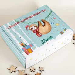 Faultier - Adventskalender zum selbst Befüllen mit Name und Wunschtext bedruckt