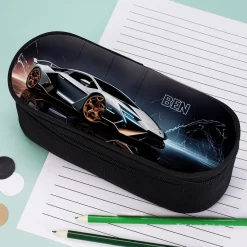 Federmappe mit Sportwagen-Motiv und Name | Personalisierte Stiftebox für Jungen
