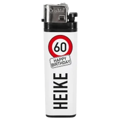 Feuerzeug mit Verkehrszeichen-Aufkleber und Name