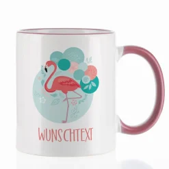 Flamingo Tasse mit Wunschtext und rosa Henkel
