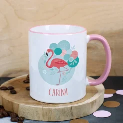 Flamingo Tasse mit Wunschtext und rosa Henkel