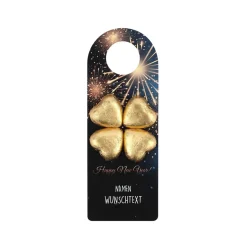 Flaschenanhänger mit Feuerwerk-Motiv, Lindt Schokolade, Name und Text