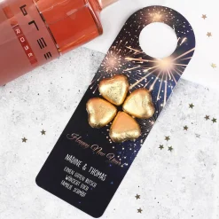 Flaschenanhänger mit Feuerwerk-Motiv, Lindt Schokolade, Name und Text
