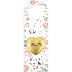 Flaschenanhänger mit Lindt Schokoladenherz personalisiert mit Name in 2 Größen | Wie schön, dass es dich gibt
