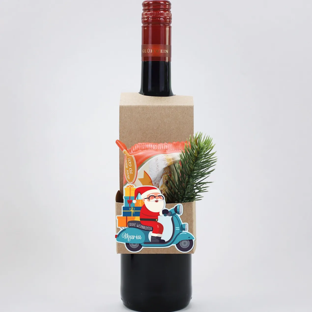 Flaschenanhänger mit Stollen oder Nikolaus zu Weihnachten