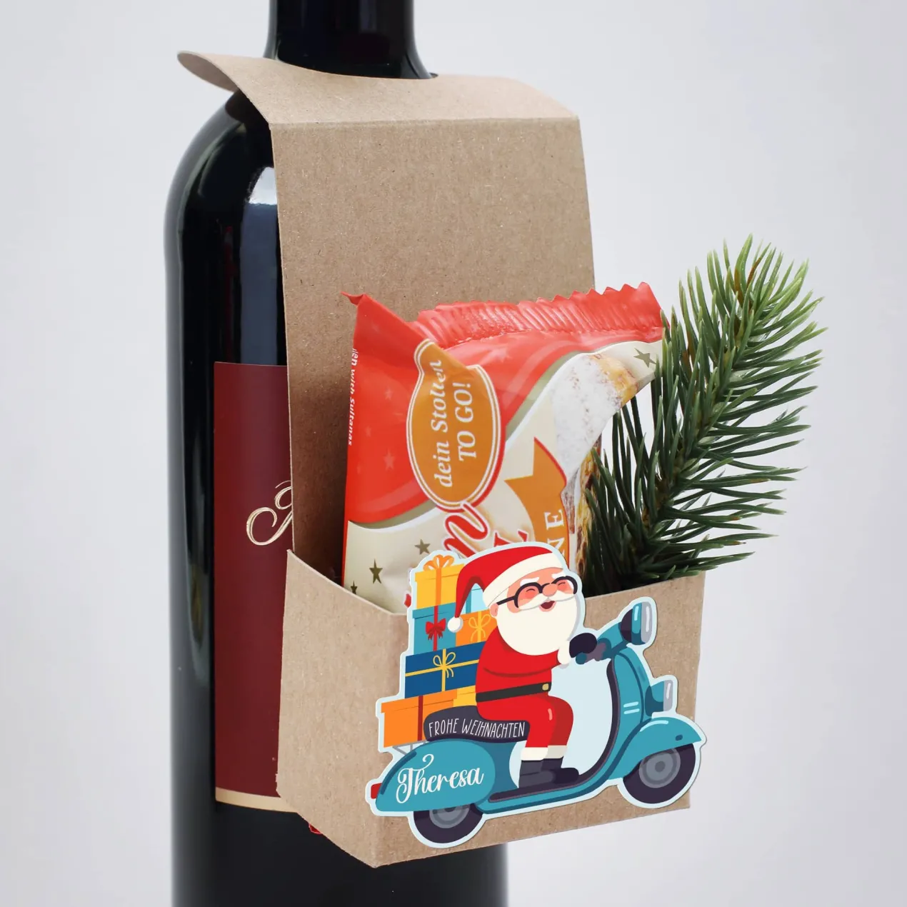 Flaschenanhänger mit Stollen oder Nikolaus zu Weihnachten
