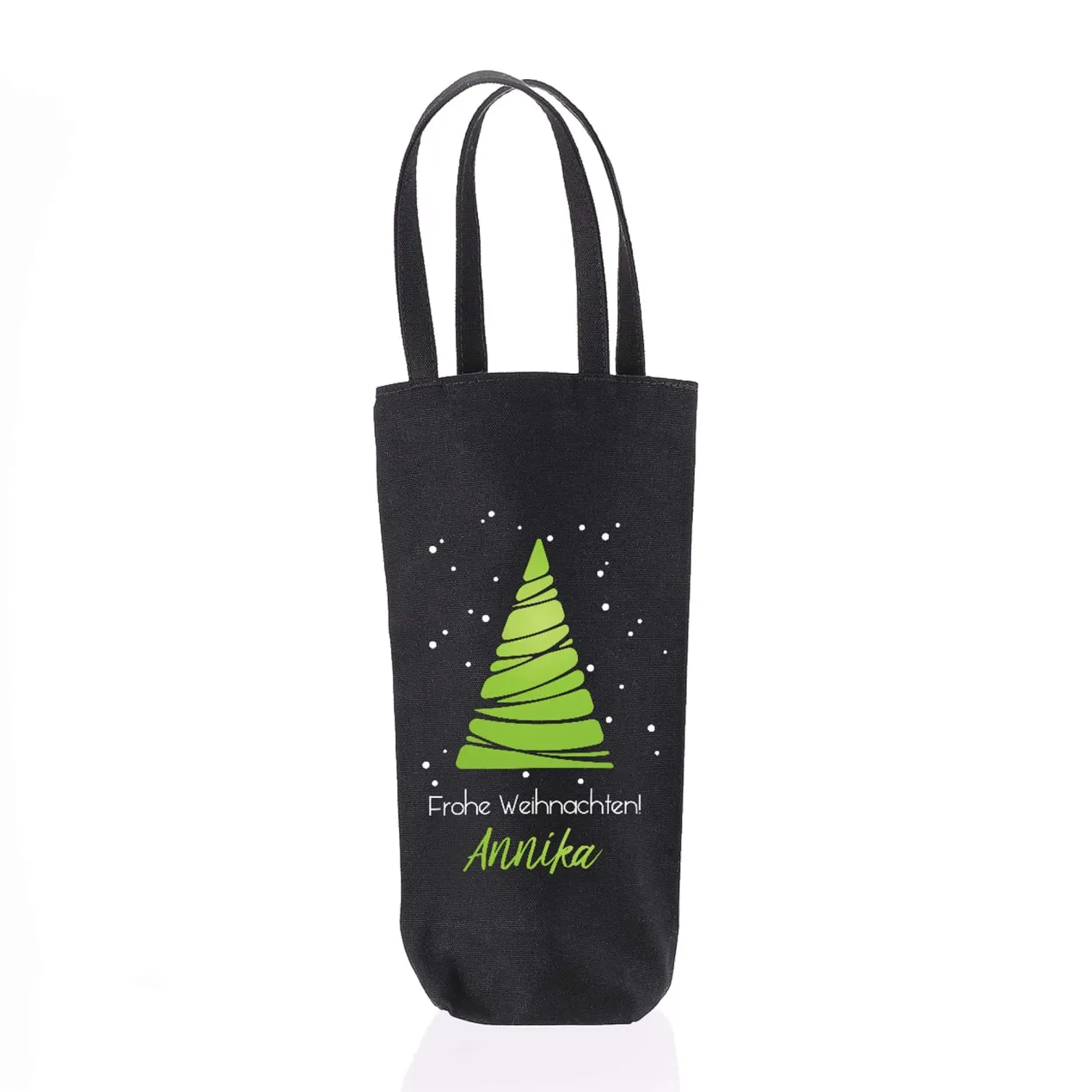 Flaschentasche mit Weihnachtsbaummotiv und Ihrem Wunschnamen bedruckt