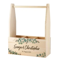 Flaschenträger aus Holz – Hochzeitsgeschenk mit Eukalyptus-Motiv