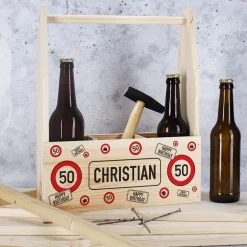 Flaschenträger aus Holz mit Verkehrszeichen, Alter & Name zum Geburtstag o. Jubiläum