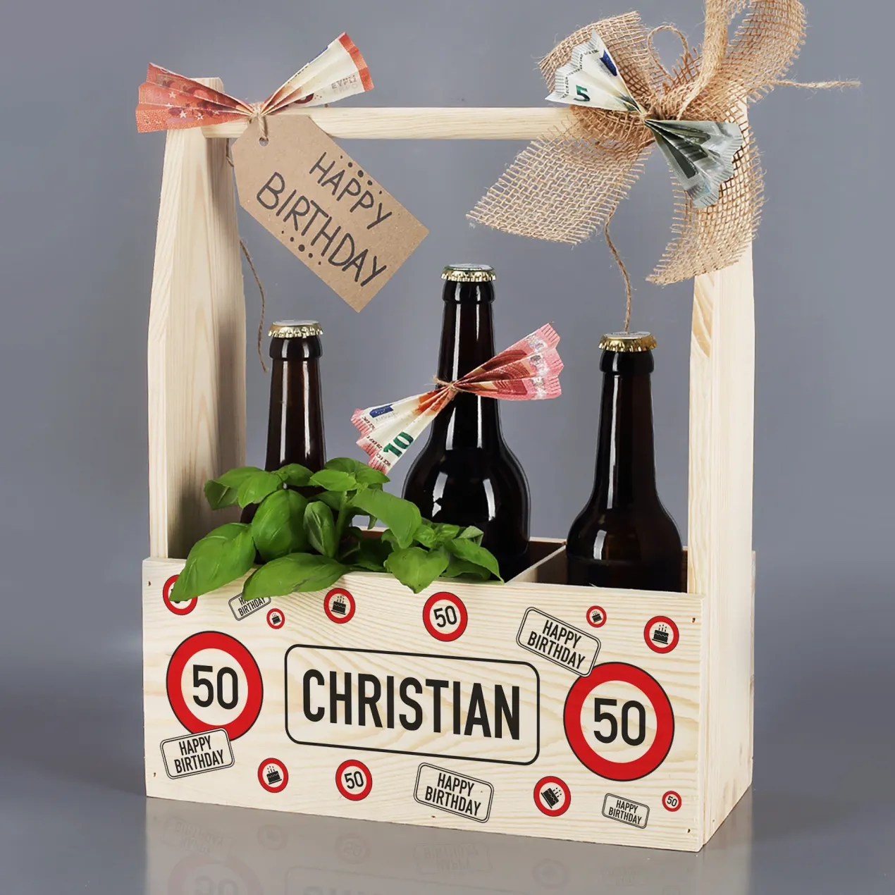 Flaschenträger aus Holz mit Verkehrszeichen, Alter & Name zum Geburtstag o. Jubiläum