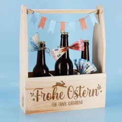 Flaschenträger aus Holz mit Wunschtext graviert | Frohe Ostern