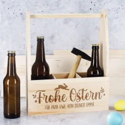 Flaschenträger aus Holz mit Wunschtext graviert | Frohe Ostern