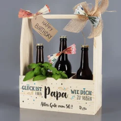 Flaschenträger aus Holz mit Wunschtext | Glück ist, einen Papa wie dich zu haben.