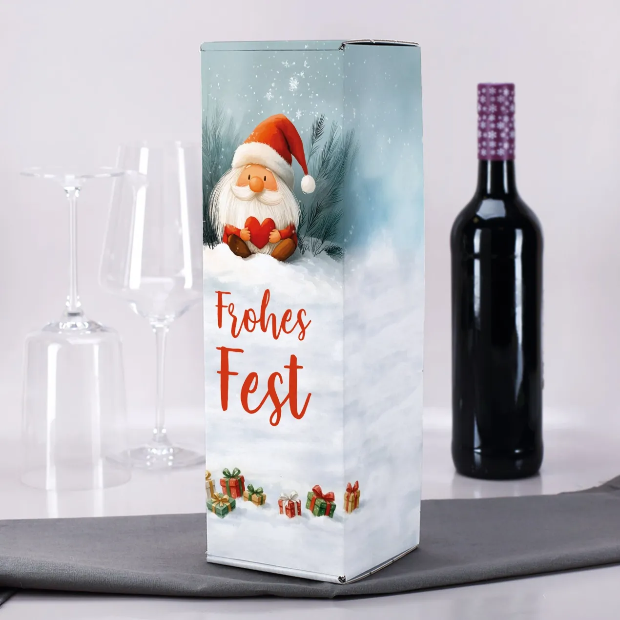 Flaschenverpackung 'Frohes Fest' mit Wichtelmotiv | Geschenkbox für Wein & Weihnachtsgeschenke