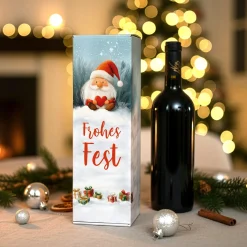 Flaschenverpackung 'Frohes Fest' mit Wichtelmotiv | Geschenkbox für Wein & Weihnachtsgeschenke