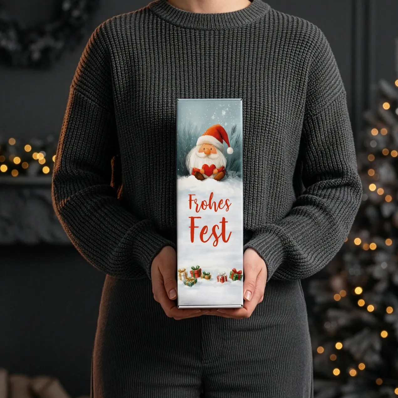 Flaschenverpackung 'Frohes Fest' mit Wichtelmotiv | Geschenkbox für Wein & Weihnachtsgeschenke