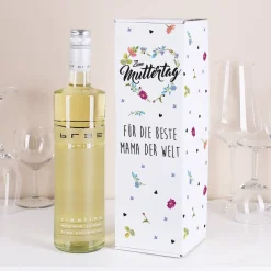 Flaschenverpackung mit BREE Wein zum Muttertag - Blumenherz mit Wunschtext