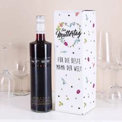 Flaschenverpackung mit BREE Wein zum Muttertag - Blumenherz mit Wunschtext