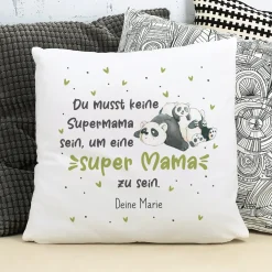 Flauschiges Kissen 'Super Mama' mit Panda Motiv & Wunschtext | Kuschelkissen als Muttertagsgeschenk