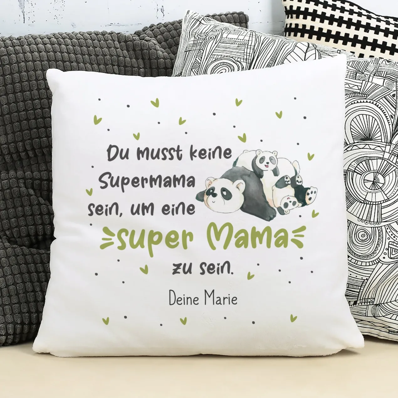 Flauschiges Kissen 'Super Mama' mit Panda Motiv & Wunschtext | Kuschelkissen als Muttertagsgeschenk