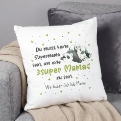 Flauschiges Kissen 'Super Mama' mit Panda Motiv & Wunschtext | Kuschelkissen als Muttertagsgeschenk