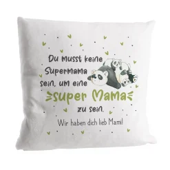 Flauschiges Kissen 'Super Mama' mit Panda Motiv & Wunschtext | Kuschelkissen als Muttertagsgeschenk