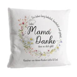 Flauschiges Kuschelkissen für Mama mit Wunschtext und Wiesenblumen Motiv