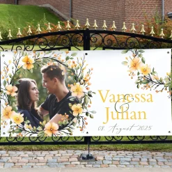 Foto-Banner zur Hochzeit mit Namen, Datum und Blumen-Motiv 160x80cm