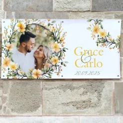Foto-Banner zur Hochzeit mit Namen, Datum und Blumen-Motiv 160x80cm
