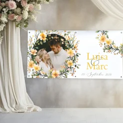 Foto-Banner zur Hochzeit mit Namen, Datum und Blumen-Motiv 160x80cm