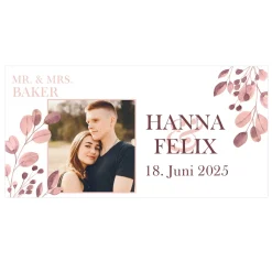 Foto-Banner zur Hochzeit mit Namen, Datum und Blatt-Motiv 160x80cm