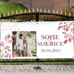 Foto-Banner zur Hochzeit mit Namen, Datum und Blatt-Motiv 160x80cm