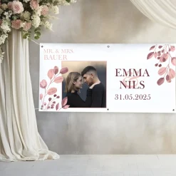 Foto-Banner zur Hochzeit mit Namen, Datum und Blatt-Motiv 160x80cm