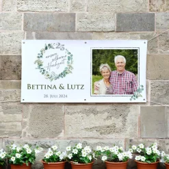 Foto-Banner zur Silberhochzeit mit Eukalyptuskranz, Namen & Datum