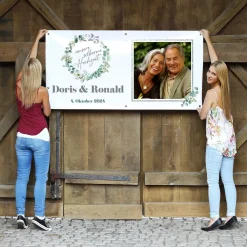 Foto-Banner zur Silberhochzeit mit Eukalyptuskranz, Namen & Datum