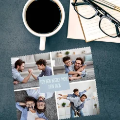 Foto-Brillenputztuch mit 4 Bildern und Ihrem Wunschtext