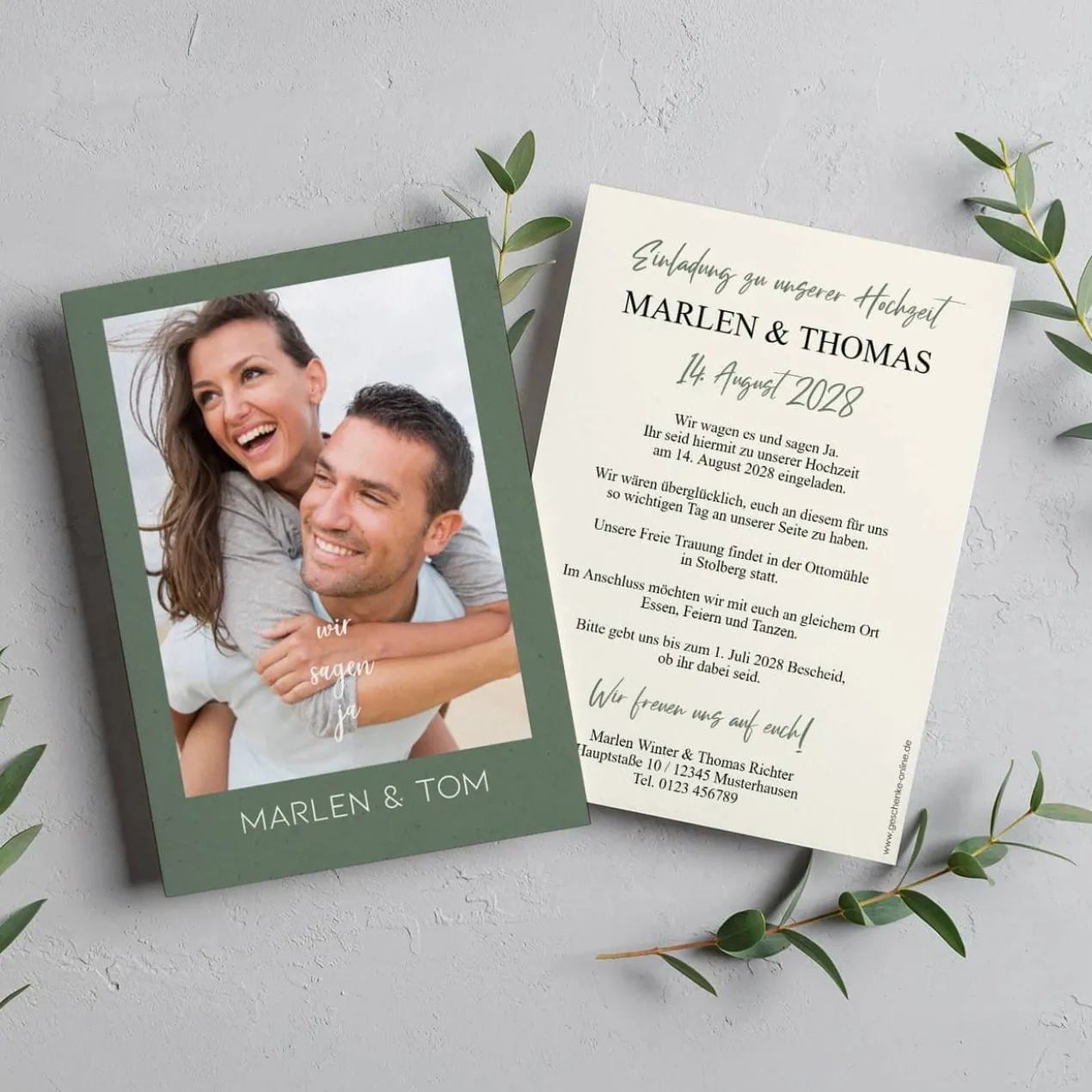 Foto-Einladungskarte zur Hochzeit in verschiedenen Farben auswählbar