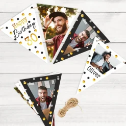 Foto Girlande zum Geburtstag in Schwarz-Gold | Wimpelkette als Geburtstagsdeko