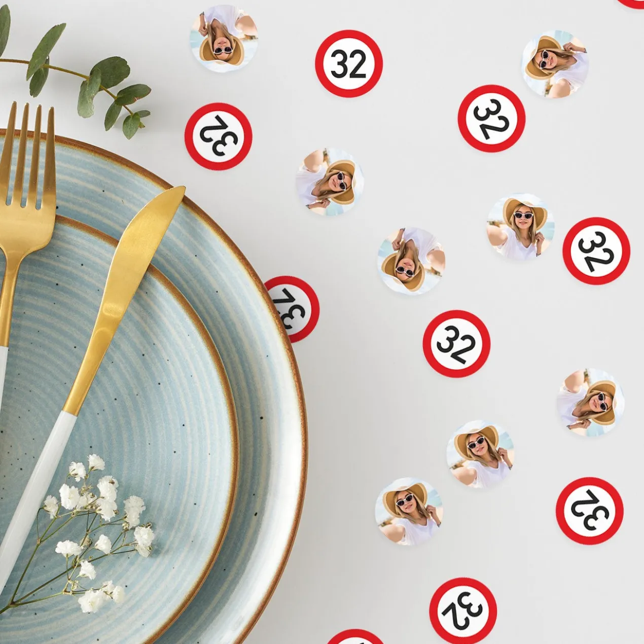 Fotokonfetti zum Geburtstag mit Verkehrszeichen und Ihrem Lieblingsbild