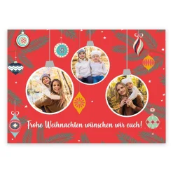 Foto-Postkarte mit Christbaumkugel Motiv und Wunschtext
