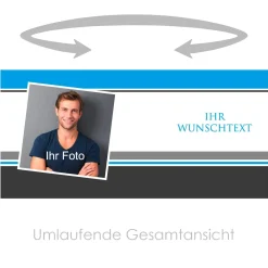 Fototasse mit Ihrem Wunschtext in Blau und Grau