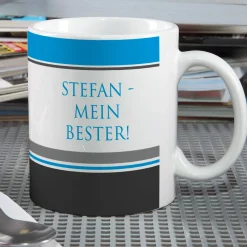 Fototasse mit Ihrem Wunschtext in Blau und Grau