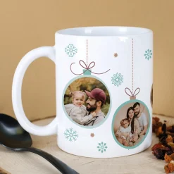 Fototasse mit Weihnachtskugel-Motiv in verschiedenen Farben