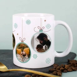 Fototasse mit Weihnachtskugel-Motiv in verschiedenen Farben